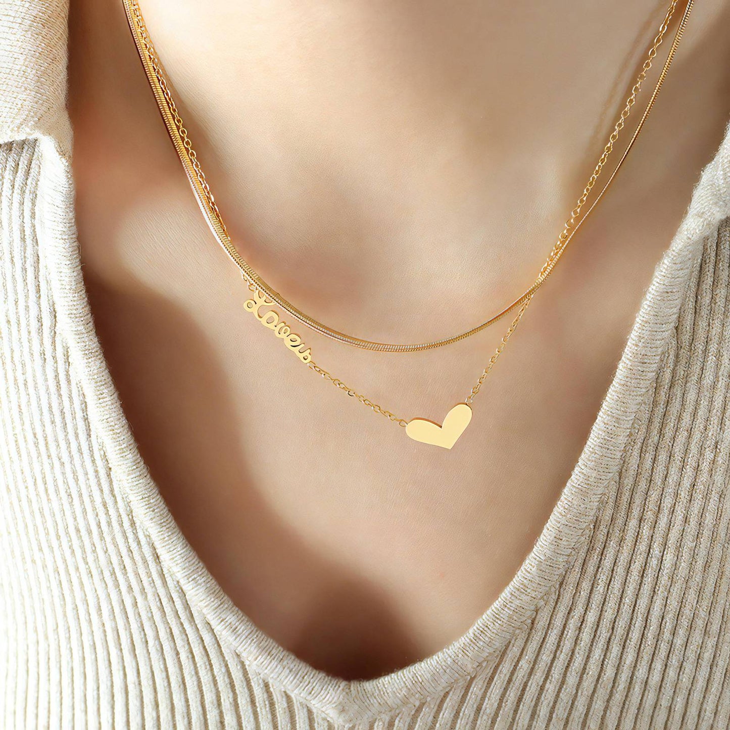 Lovers Double Layer Heart Herringbone Necklace